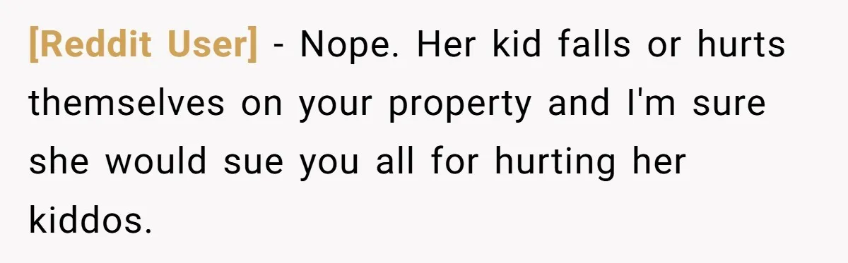 [Reddit User] − Nope. Her kid falls or hurts themselves on your property and I'm sure she would sue you all for hurting her kiddos.
