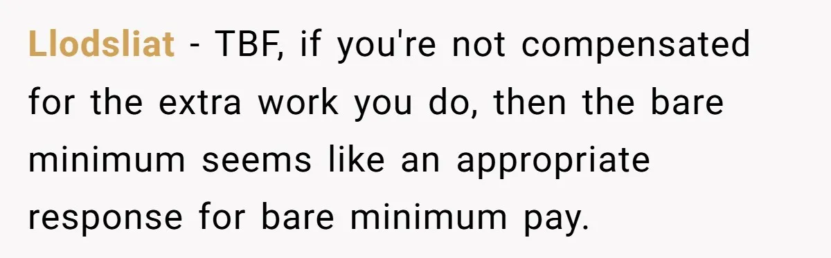 Llodsliat - TBF, if you're not compensated for the extra work you do, then the bare minimum seems like an appropriate response for bare minimum pay.
