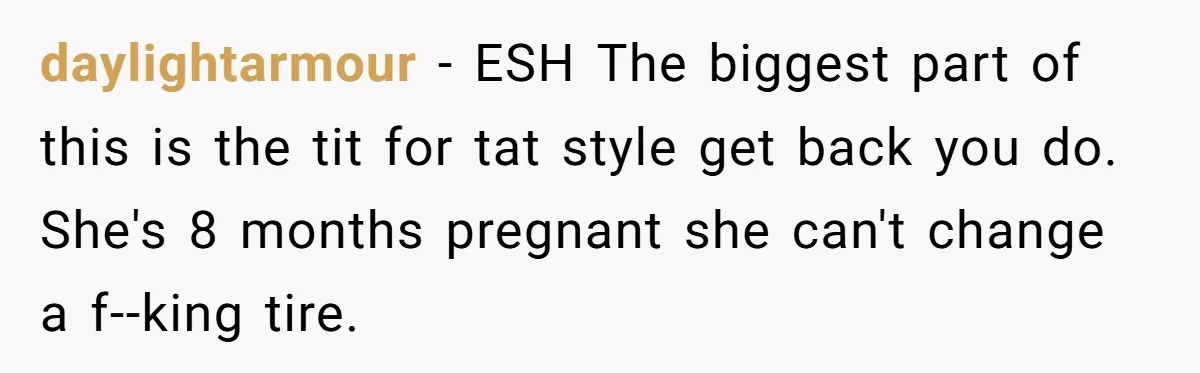 daylightarmour - ESH The biggest part of this is the tit for tat style get back you do. She's 8 months pregnant she can't change a f--king tire.