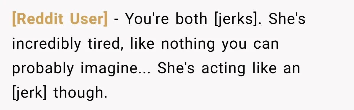 [Reddit User] - You're both [jerks]. She's incredibly tired, like nothing you can probably imagine... She's acting like an [jerk] though.