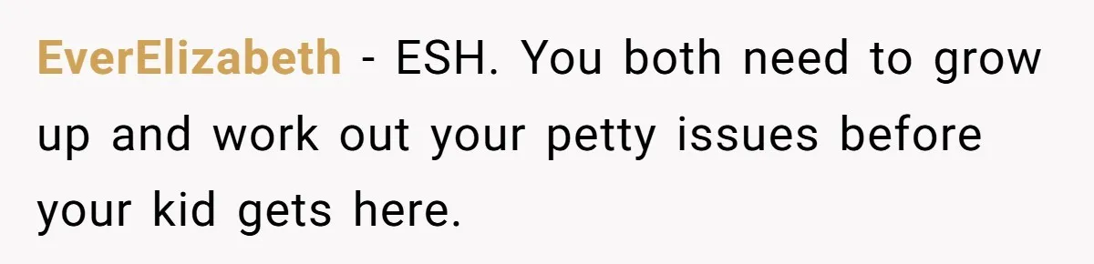 EverElizabeth - ESH. You both need to grow up and work out your petty issues before your kid gets here.