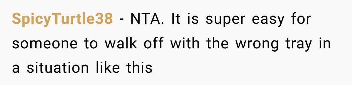 SpicyTurtle38 - NTA. It is super easy for someone to walk off with the wrong tray in a situation like this