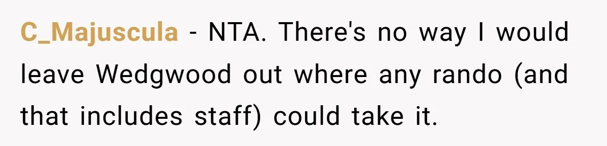 C_Majuscula - NTA. There's no way I would leave Wedgwood out where any rando (and that includes staff) could take it.