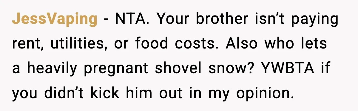 Brother Gets Kicked Out After Letting His Pregnant Sister-in-Law Shovel Snow JessVaping - NTA. Your brother isn’t paying rent, utilities, or food costs. Also who lets a heavily pregnant shovel snow? YWBTA if you didn’t kick him out in my opinion.