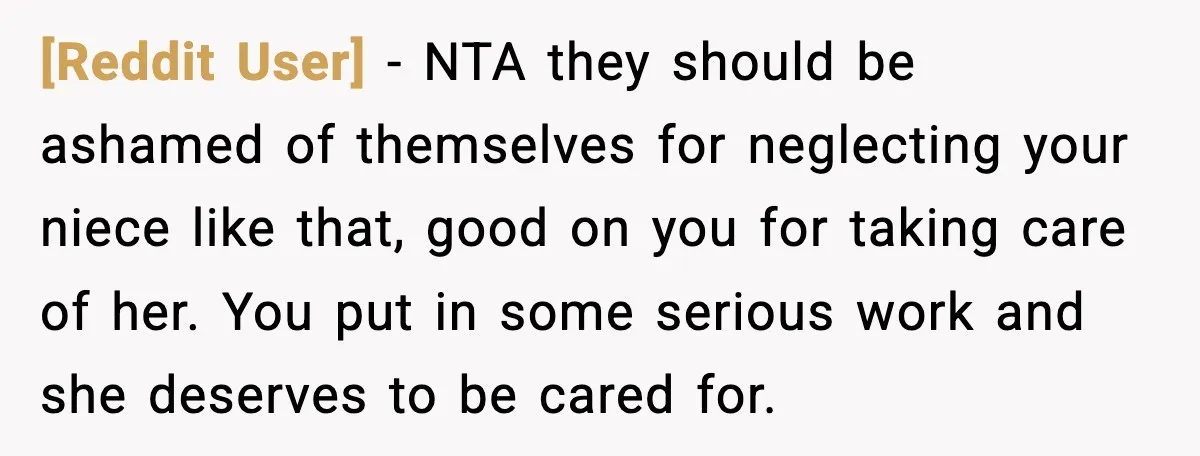 [Reddit User] - NTA they should be ashamed of themselves for neglecting your niece like that, good on you for taking care of her. You put in some serious work...