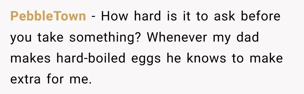 PebbleTown - How hard is it to ask before you take something? Whenever my dad makes hard-boiled eggs he knows to make extra for me.