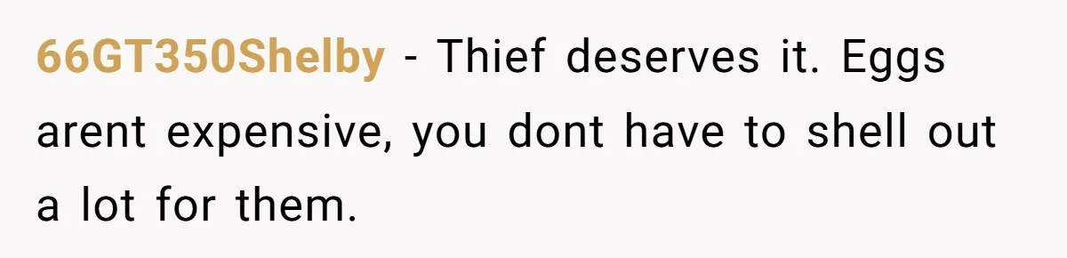 66GT350Shelby - Thief deserves it. Eggs arent expensive, you dont have to shell out a lot for them.