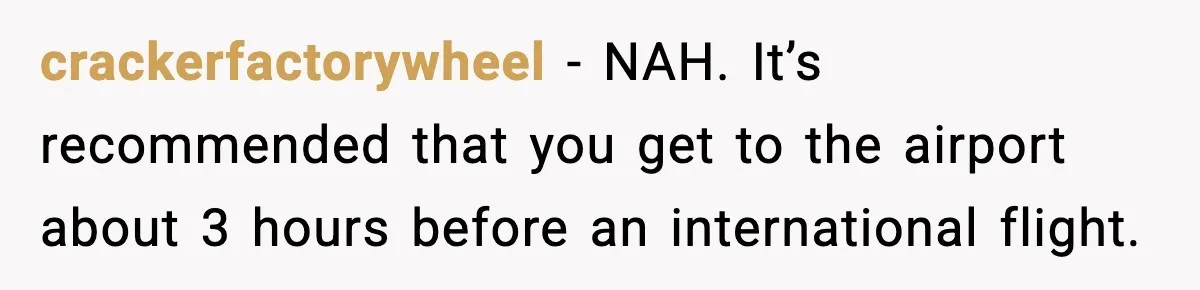 crackerfactorywheel − NAH. It’s recommended that you get to the airport about 3 hours before an international flight.