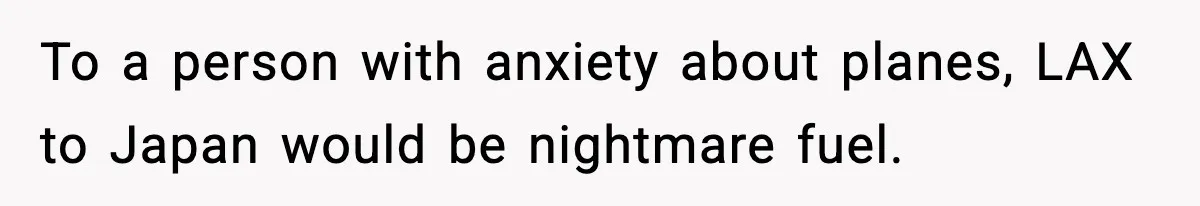 To a person with anxiety about planes, LAX to Japan would be nightmare fuel.