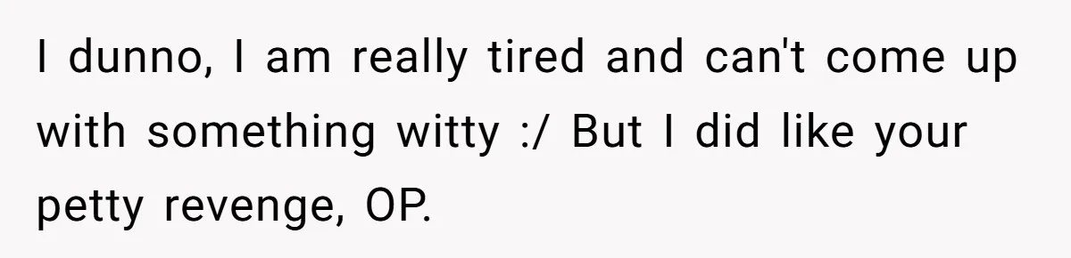 I dunno, I am really tired and can't come up with something witty :/ But I did like your petty revenge, OP.