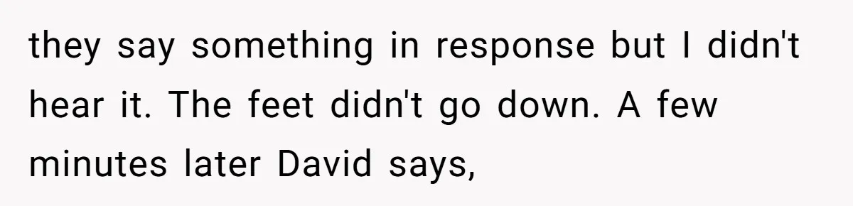 they say something in response but I didn't hear it. The feet didn't go down. A few minutes later David says,