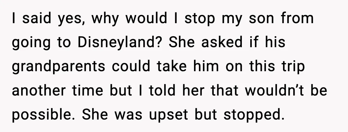 I said yes, why would I stop my son from going to Disneyland? She asked if his grandparents could take him on this trip another time but I told her...