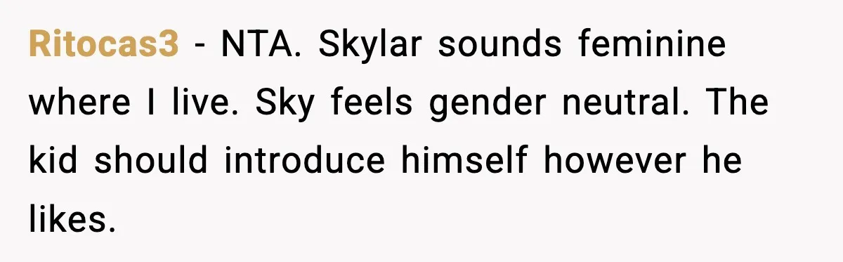 Ritocas3 - NTA. Skylar sounds feminine where I live. Sky feels gender neutral. The kid should introduce himself however he likes.