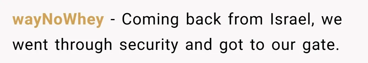 Airport Guard Tries To “Confiscate” Woman’s Empty Bottle For Himself, She Outsmarts Him And Leaves Him Fuming wayNoWhey − Coming back from Israel, we went through security and got to our gate.