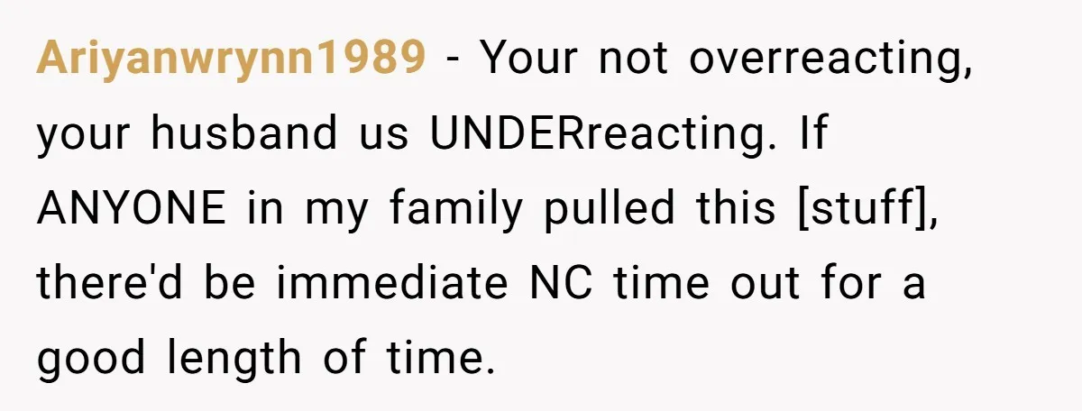 Ariyanwrynn1989 - Your not overreacting, your husband us UNDERreacting. If ANYONE in my family pulled this [stuff], there'd be immediate NC time out for a good length of time.