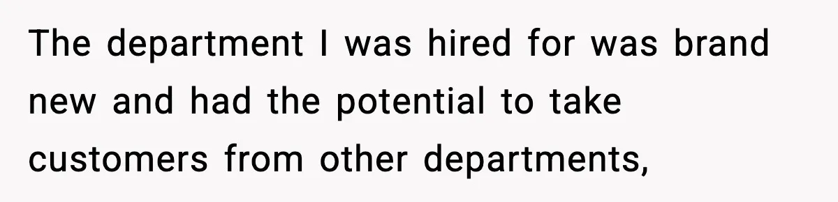 The department I was hired for was brand new and had the potential to take customers from other departments,