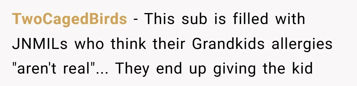 TwoCagedBirds - This sub is filled with JNMILs who think their Grandkids allergies "aren't real"... They end up giving the kid