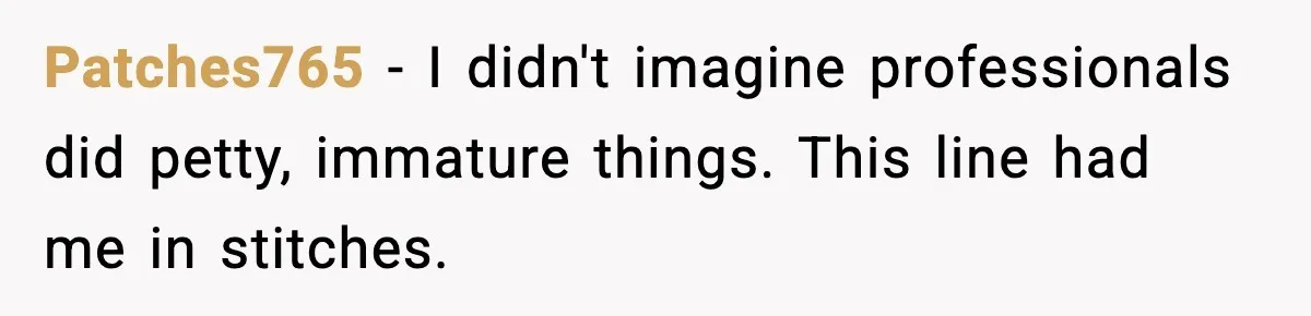 Patches765 − I didn't imagine professionals did petty, immature things. This line had me in stitches.