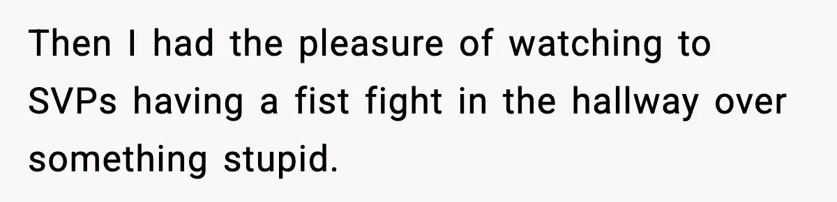 Then I had the pleasure of watching to SVPs having a fist fight in the hallway over something stupid.