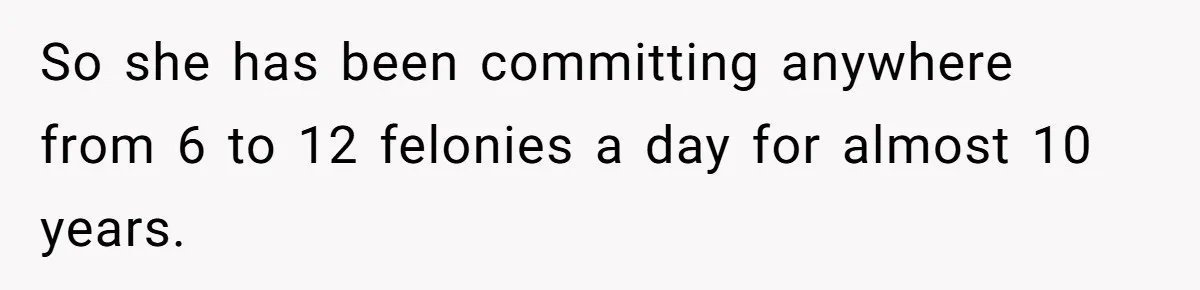 So she has been committing anywhere from 6 to 12 felonies a day for almost 10 years.