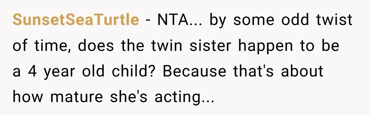 SunsetSeaTurtle - NTA... by some odd twist of time, does the twin sister happen to be a 4 year old child? Because that's about how mature she's acting...