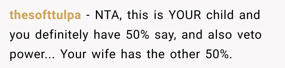 thesofttulpa - NTA, this is YOUR child and you definitely have 50% say, and also veto power... Your wife has the other 50%.
