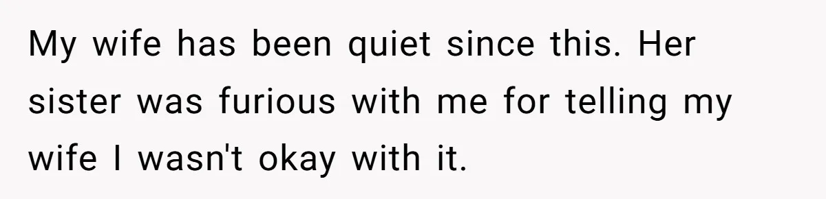 My wife has been quiet since this. Her sister was furious with me for telling my wife I wasn't okay with it.