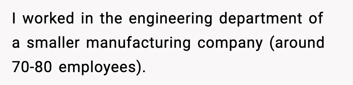 I worked in the engineering department of a smaller manufacturing company (around 70-80 employees).