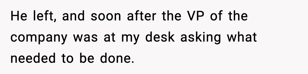 He left, and soon after the VP of the company was at my desk asking what needed to be done.