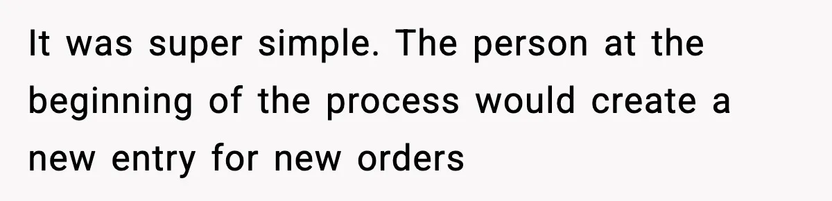 It was super simple. The person at the beginning of the process would create a new entry for new orders