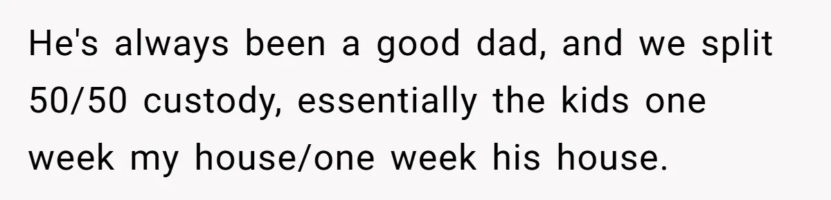 He's always been a good dad, and we split 50/50 custody, essentially the kids one week my house/one week his house.