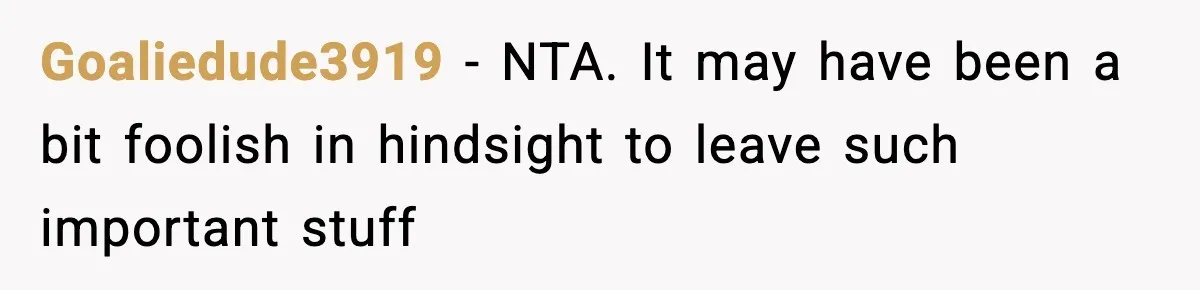 Goaliedude3919 − NTA. It may have been a bit foolish in hindsight to leave such important stuff