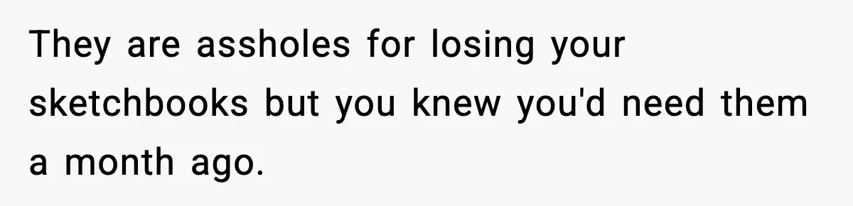 They are assholes for losing your sketchbooks but you knew you'd need them a month ago.