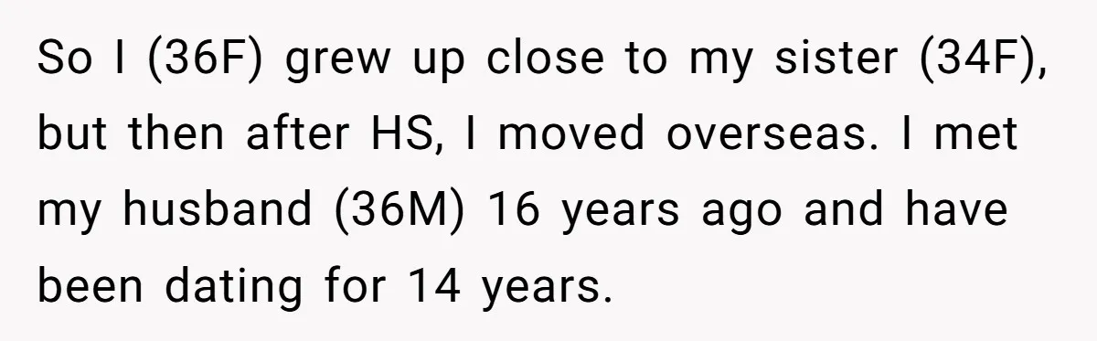 So I (36F) grew up close to my sister (34F), but then after HS, I moved overseas. I met my husband (36M) 16 years ago and have been dating for...