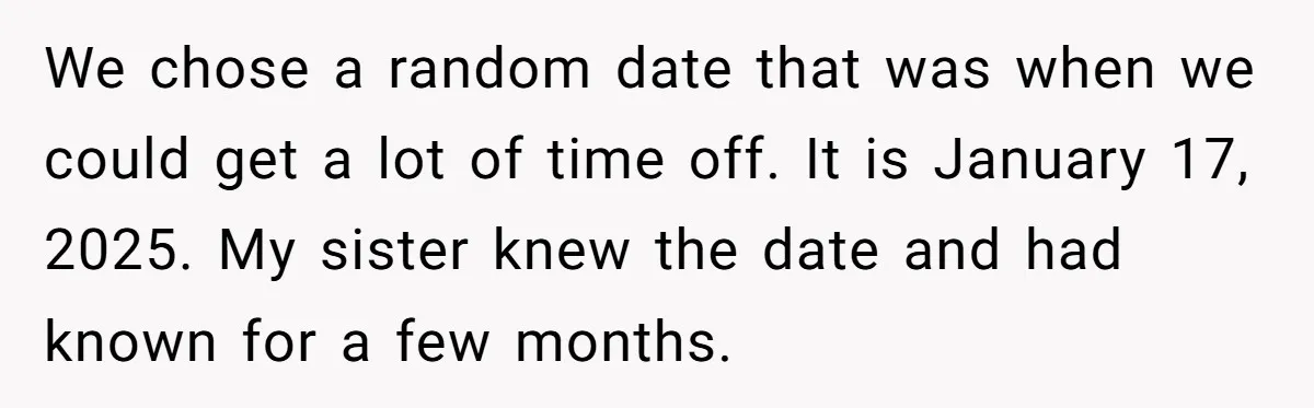 We chose a random date that was when we could get a lot of time off. It is January 17, 2025. My sister knew the date and had known for...