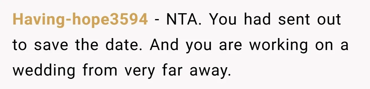 Having-hope3594 − NTA. You had sent out to save the date. And you are working on a wedding from very far away.