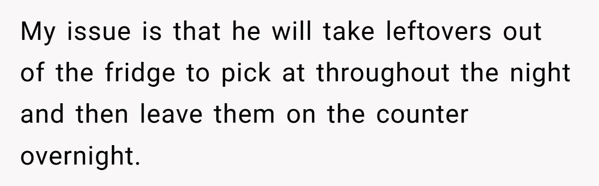 My issue is that he will take leftovers out of the fridge to pick at throughout the night and then leave them on the counter overnight.
