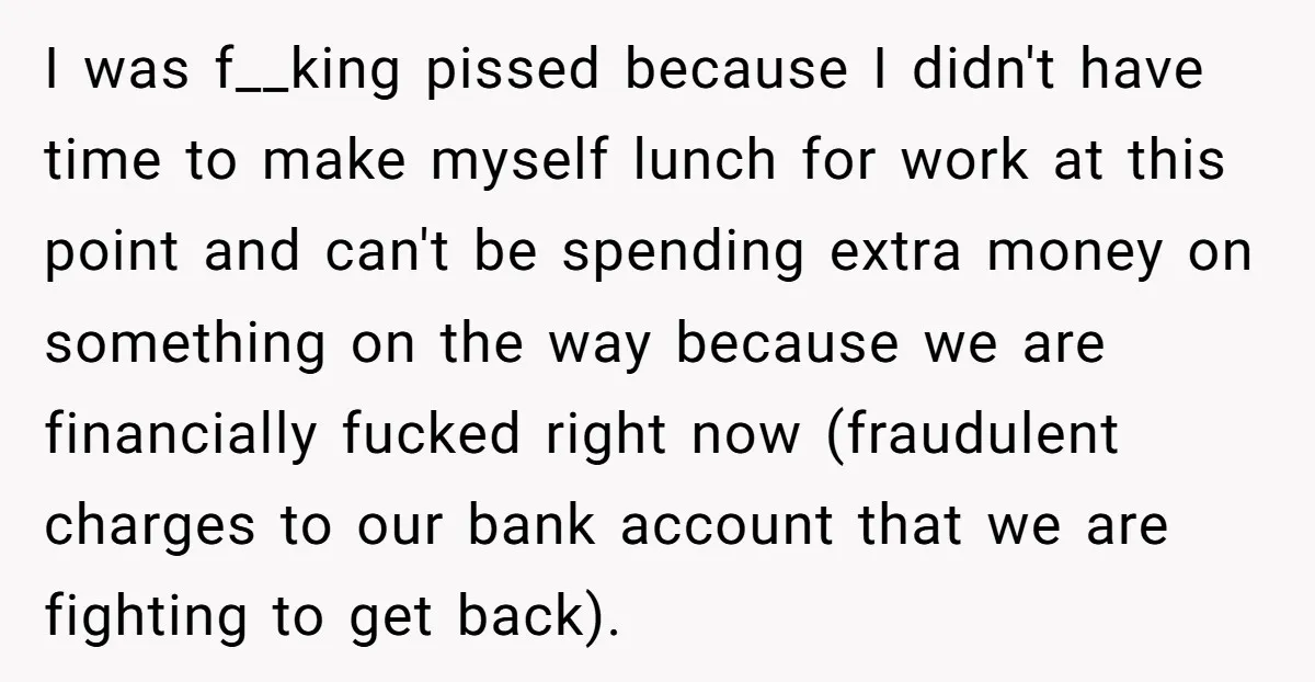 I was f__king pissed because I didn't have time to make myself lunch for work at this point and can't be spending extra money on something on the way because...