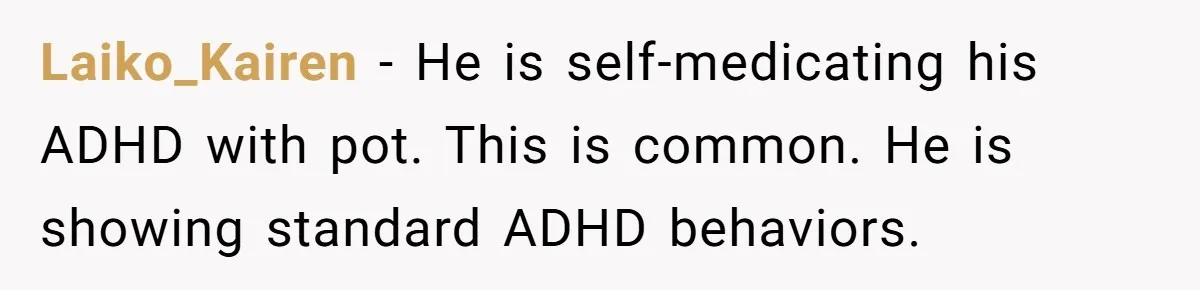 Laiko_Kairen − He is self-medicating his ADHD with pot. This is common. He is showing standard ADHD behaviors.