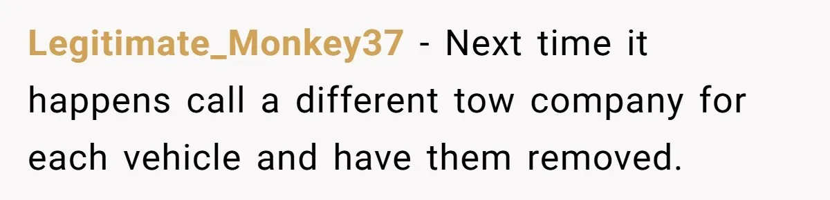 Legitimate_Monkey37 − Next time it happens call a different tow company for each vehicle and have them removed.