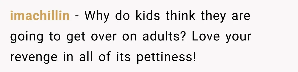 imachillin − Why do kids think they are going to get over on adults? Love your revenge in all of its pettiness!