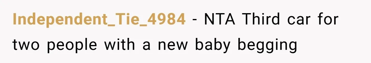 Independent_Tie_4984 − NTA Third car for two people with a new baby begging