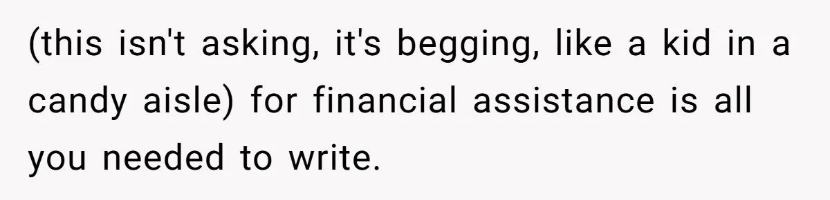 (this isn't asking, it's begging, like a kid in a candy aisle) for financial assistance is all you needed to write.