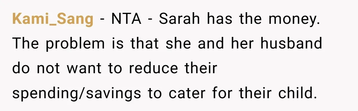 Kami_Sang − NTA - Sarah has the money. The problem is that she and her husband do not want to reduce their spending/savings to cater for their child.