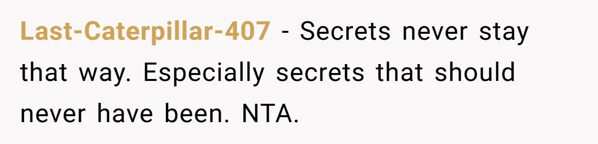 Last-Caterpillar-407 − Secrets never stay that way. Especially secrets that should never have been. NTA.