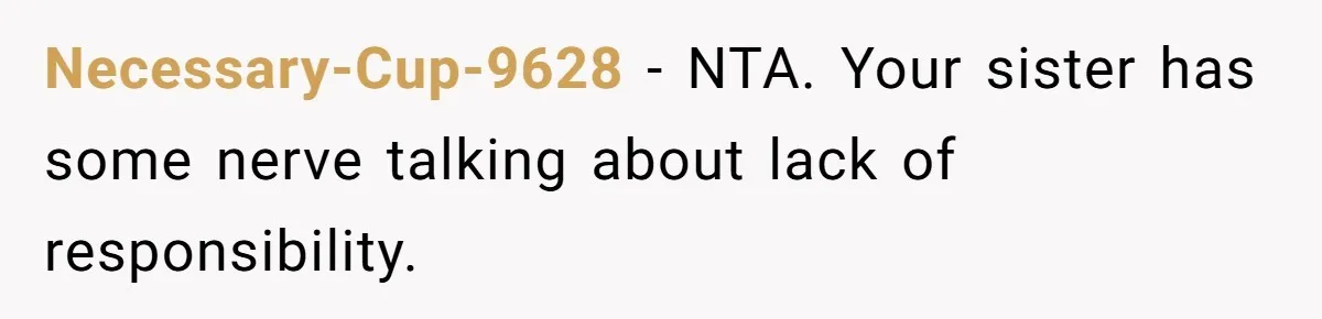 Necessary-Cup-9628 − NTA. Your sister has some nerve talking about lack of responsibility.