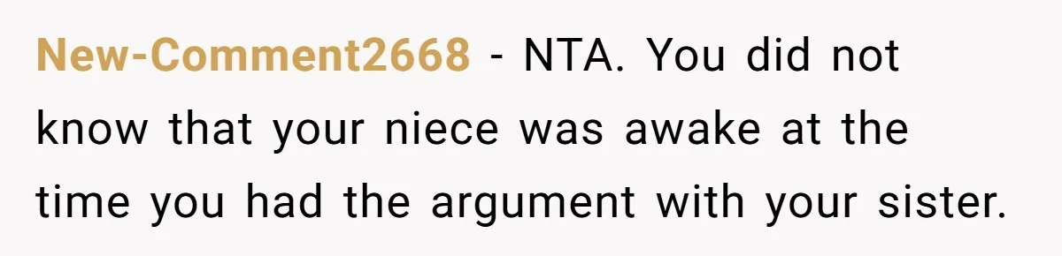 New-Comment2668 − NTA. You did not know that your niece was awake at the time you had the argument with your sister.