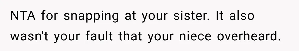 NTA for snapping at your sister. It also wasn't your fault that your niece overheard.