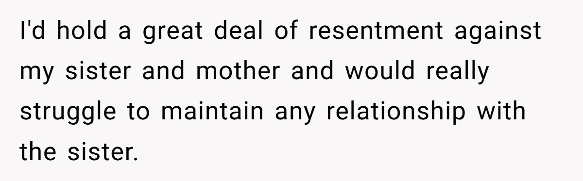 I'd hold a great deal of resentment against my sister and mother and would really struggle to maintain any relationship with the sister.