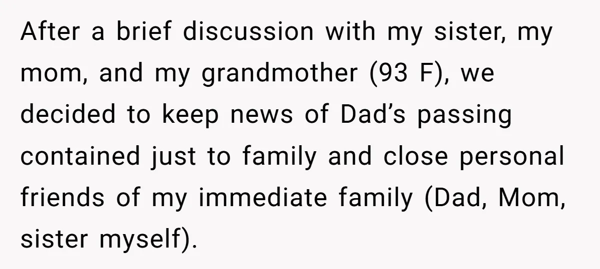 After a brief discussion with my sister, my mom, and my grandmother (93 F), we decided to keep news of Dad’s passing contained just to family and close personal friends...